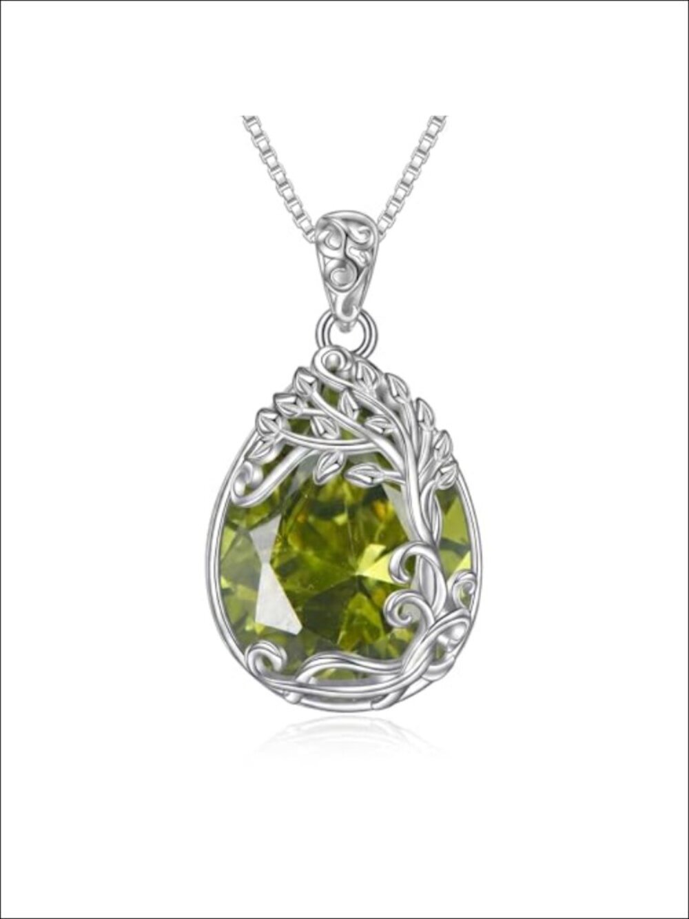 Teardrop Peridot Necklace Tree of Life 18k White Gold Plated Women Pendant